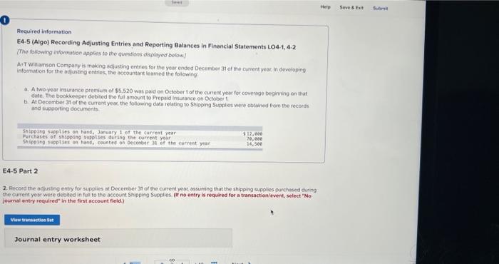  Herp Save Suma Required information E4-5 (Algo) Recording Adjusting Entries and