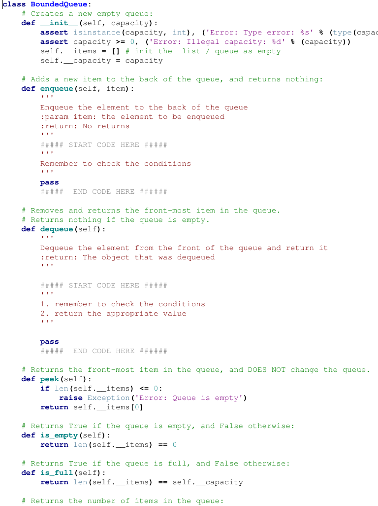 contains partial implementations for the Bounded Queue and the Circular Queue, as