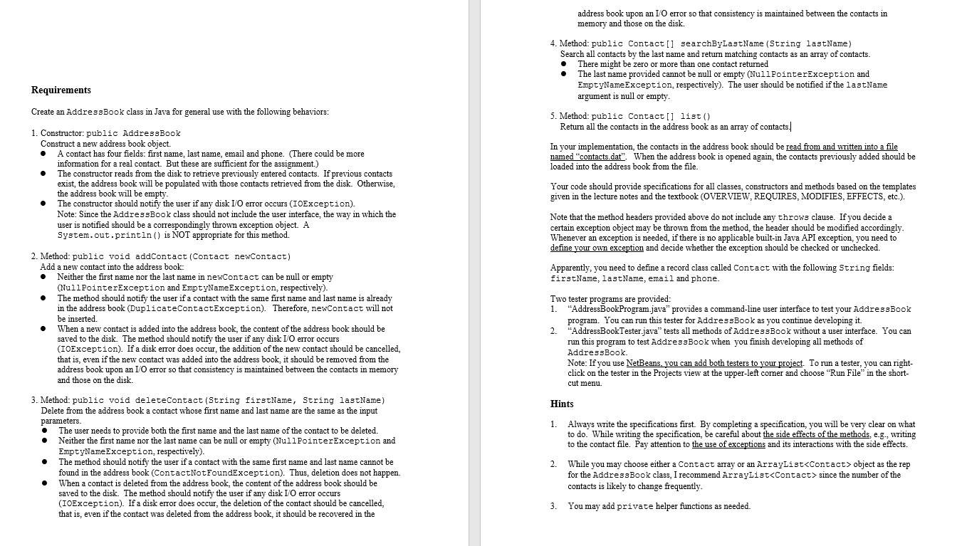 (java) Write a class that is called AddressBook, It has 5 methods: