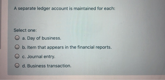  A separate ledger account is maintained for each: Select one: O