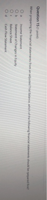  Question 15 (1 point) When preparing the financial statements from an