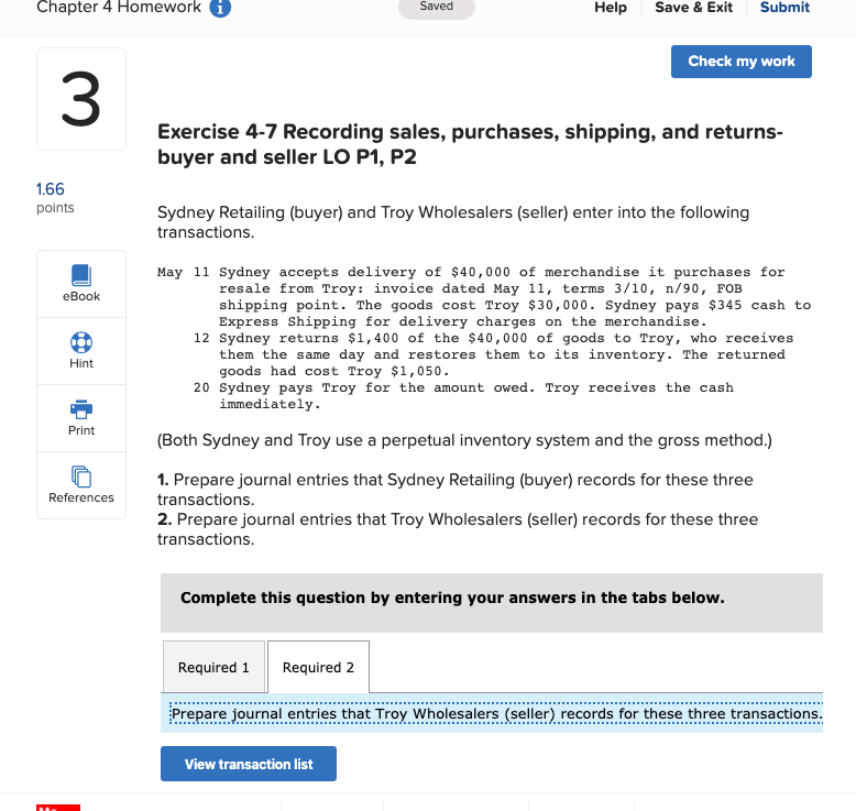 Chapter 4 Homework i Saved Help Save & Exit Submit Check