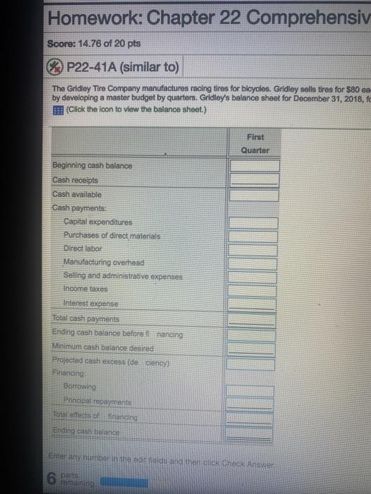  Homework: Chapter 22 Comprehensiv Score: 14.76 of 20 pts P22-41A (similar