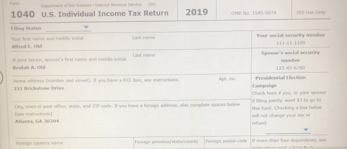 for 2019. Alfred's Social Security number is 111-11-1109. Beulah's Social Security number