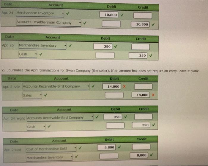 of April 8. 24. Swan Company sold merchandise on account to Bird