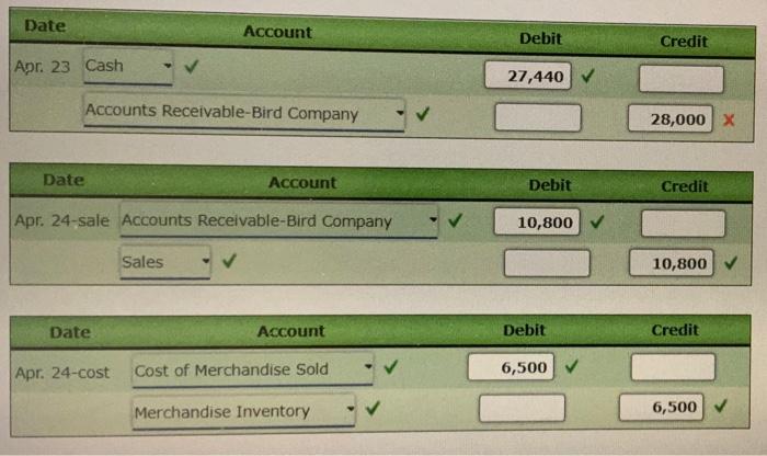 sold was $6,500. 26. Bird Company paid freight of $280 on April