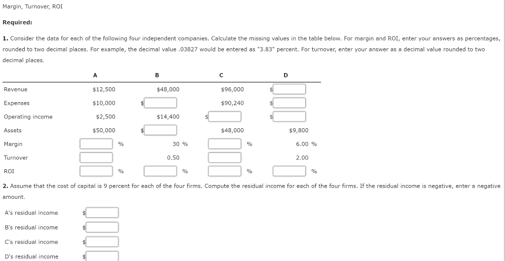  Margin, Turnover, ROI Required: 1. Consider the data for each of