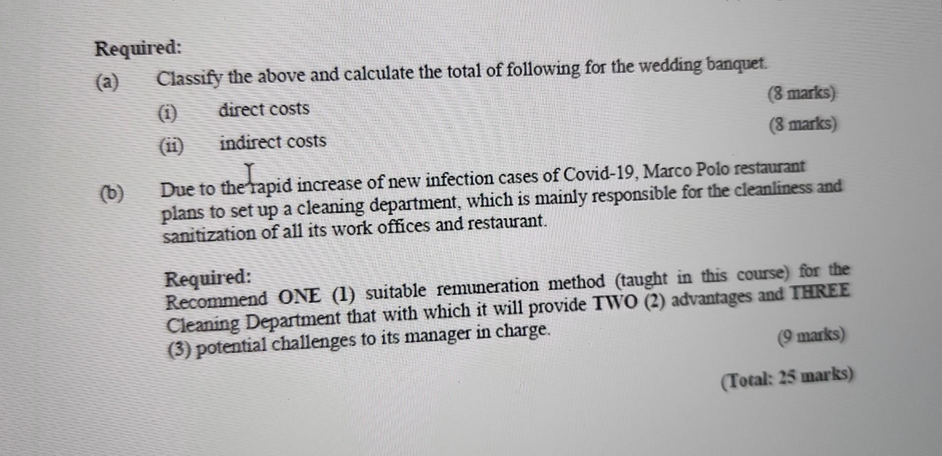 the total of following for the wedding banquet. (i) direct costs (8