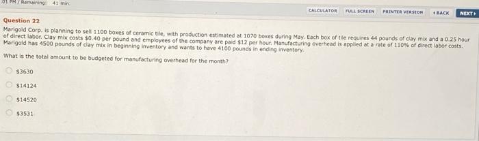  Remaining 41 min CALCULATOR FULL SCREEN PRINTER VERSION BACK NEXT Question