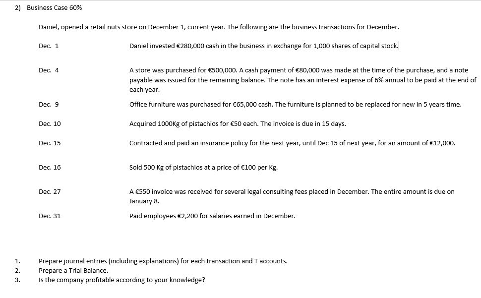  2) Business Case 60% Daniel, opened a retail nuts store on