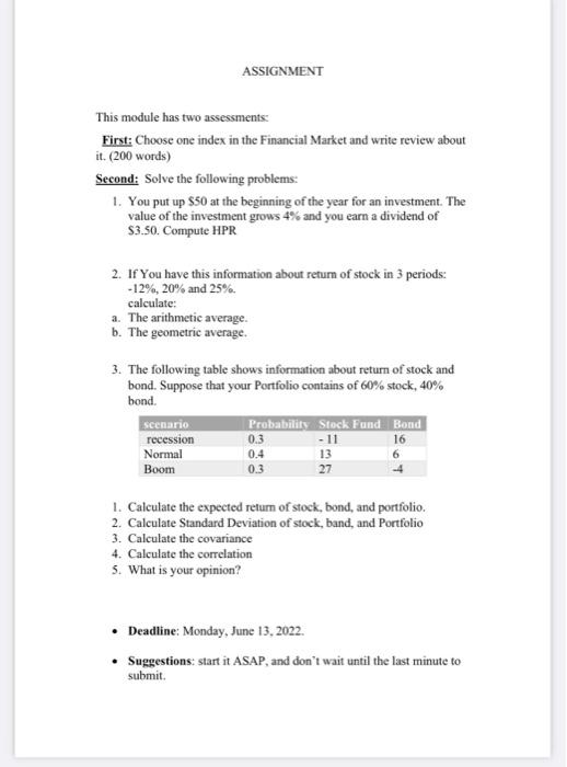  ASSIGNMENT This module has two assessments: First: Choose one index in