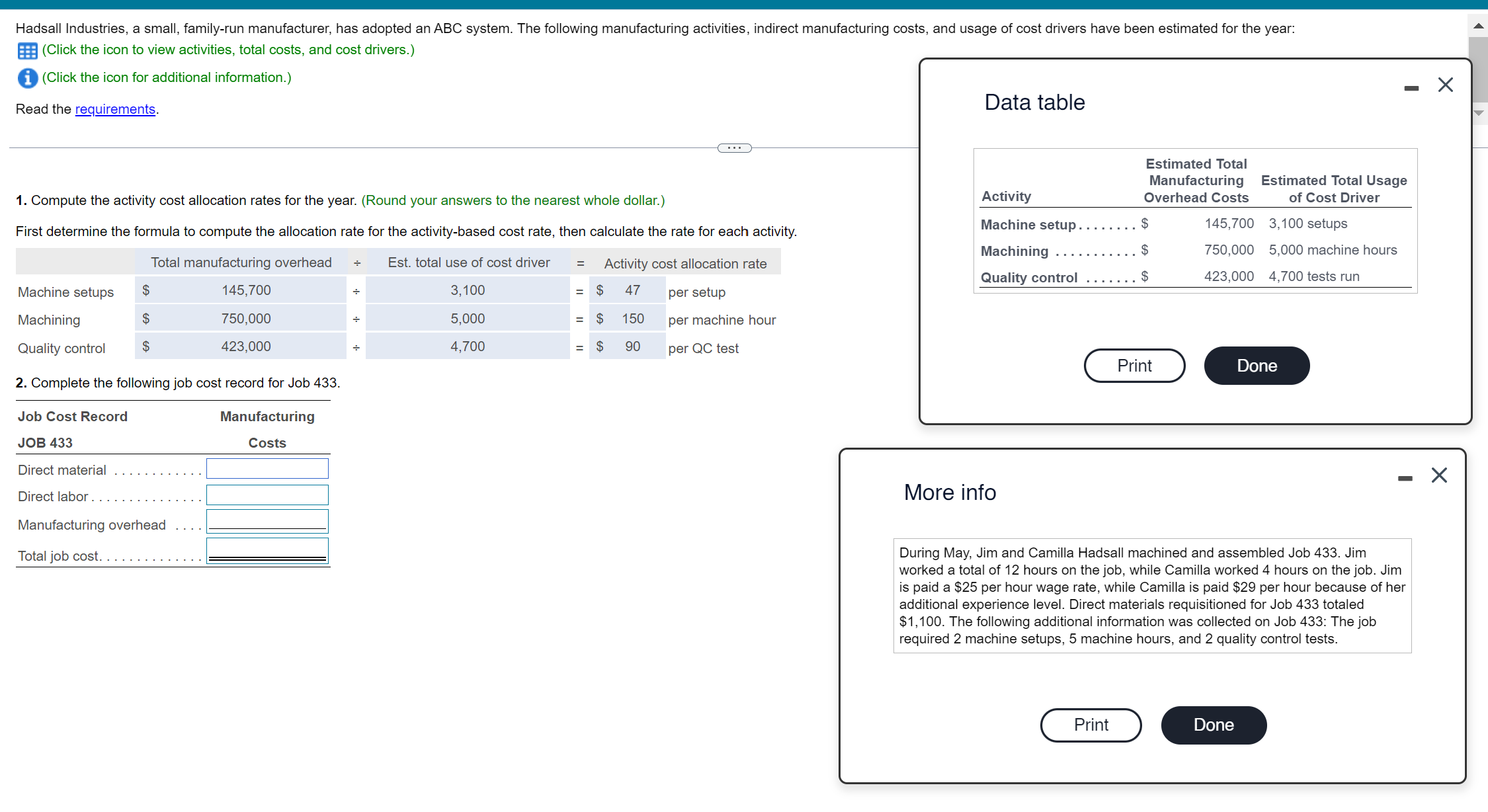  Read the Data table 1. Compute the activity cost allocation rates