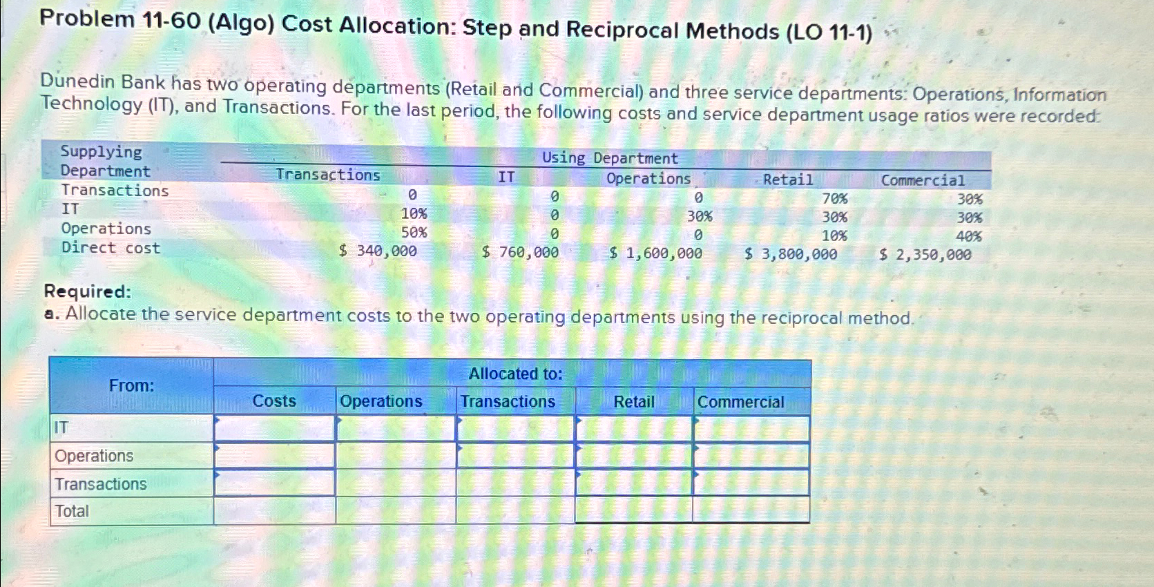  Problem 11-60(Algo) Cost Allocation: Step and Reciprocal Methods (LO 11-1) Dunedin