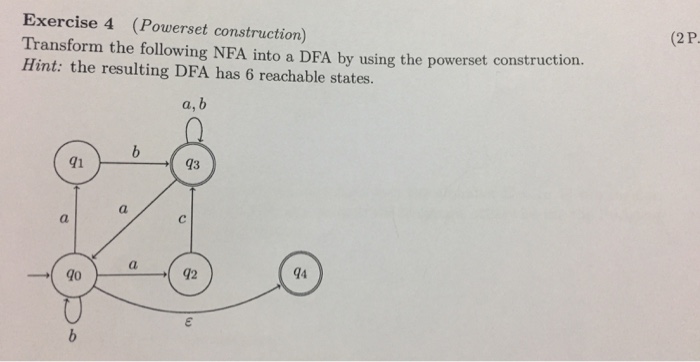  Exercise 4 (Powerset construction) (2 P Transform the following NFA into