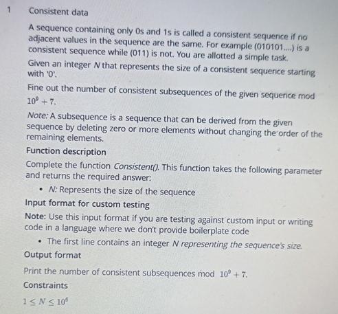  1 Consistent data A sequence containing only 0s and 1s is