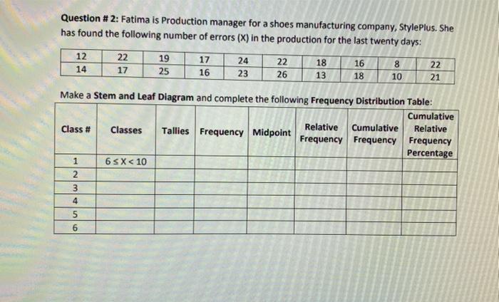  Question # 2: Fatima is Production manager for a shoes manufacturing