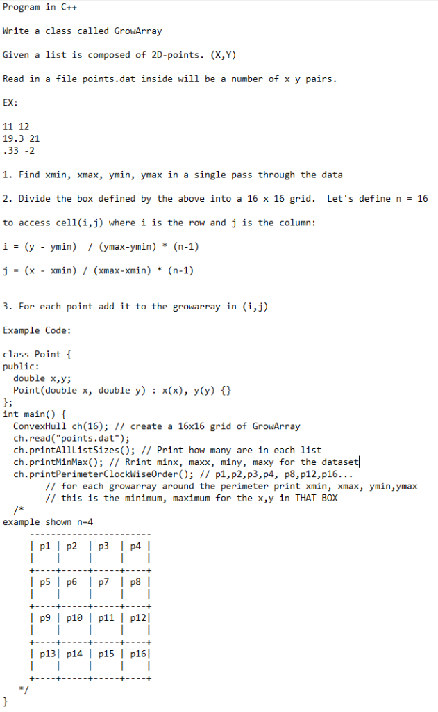 Program in C++ Write a class called GrowArray Given a list