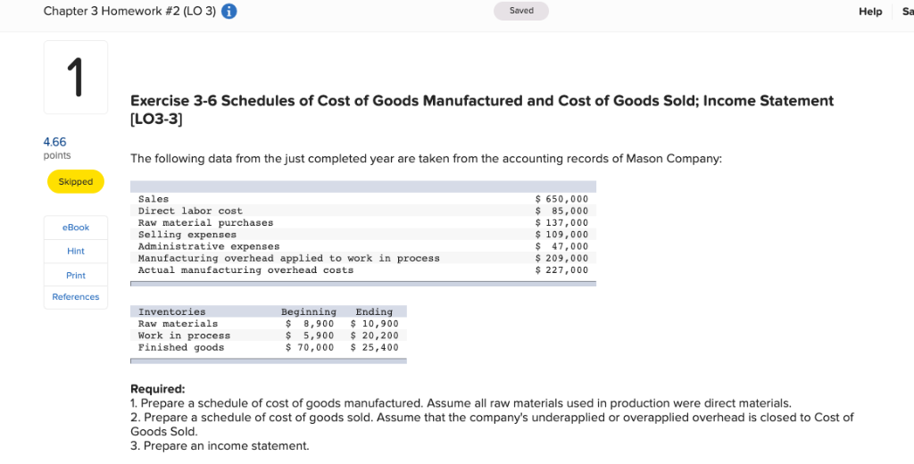  Chapter 3 Homework #2 (LO 3) Saved Help Sa Exercise 3-6