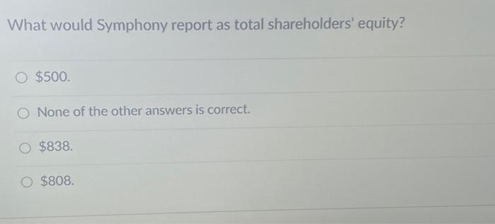  help please What would Symphony report as total shareholders' equity? $500.