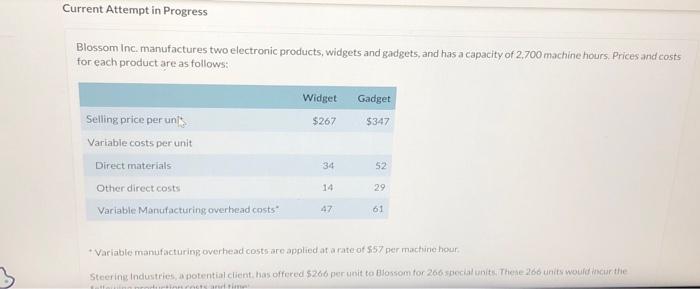 Inc. manufactures two electronic products, widgets and gadgets, and has a capacity