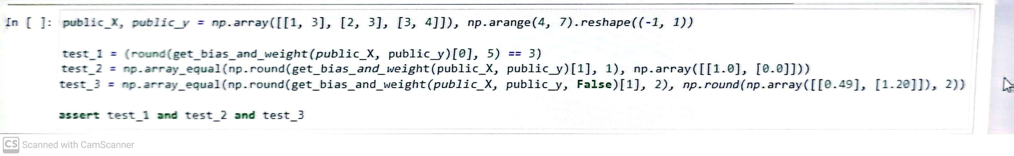 the function get_bias_and_weight (x,y, include_bias) that returns w0 (bias) and w1,w2,,wn (weights)