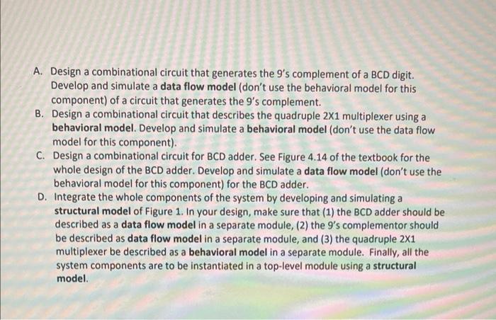 write code in hdl for four moduls A. Design a combinational circuit