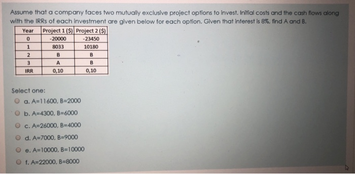  Assume that a company faces two mutually exclusive project options to