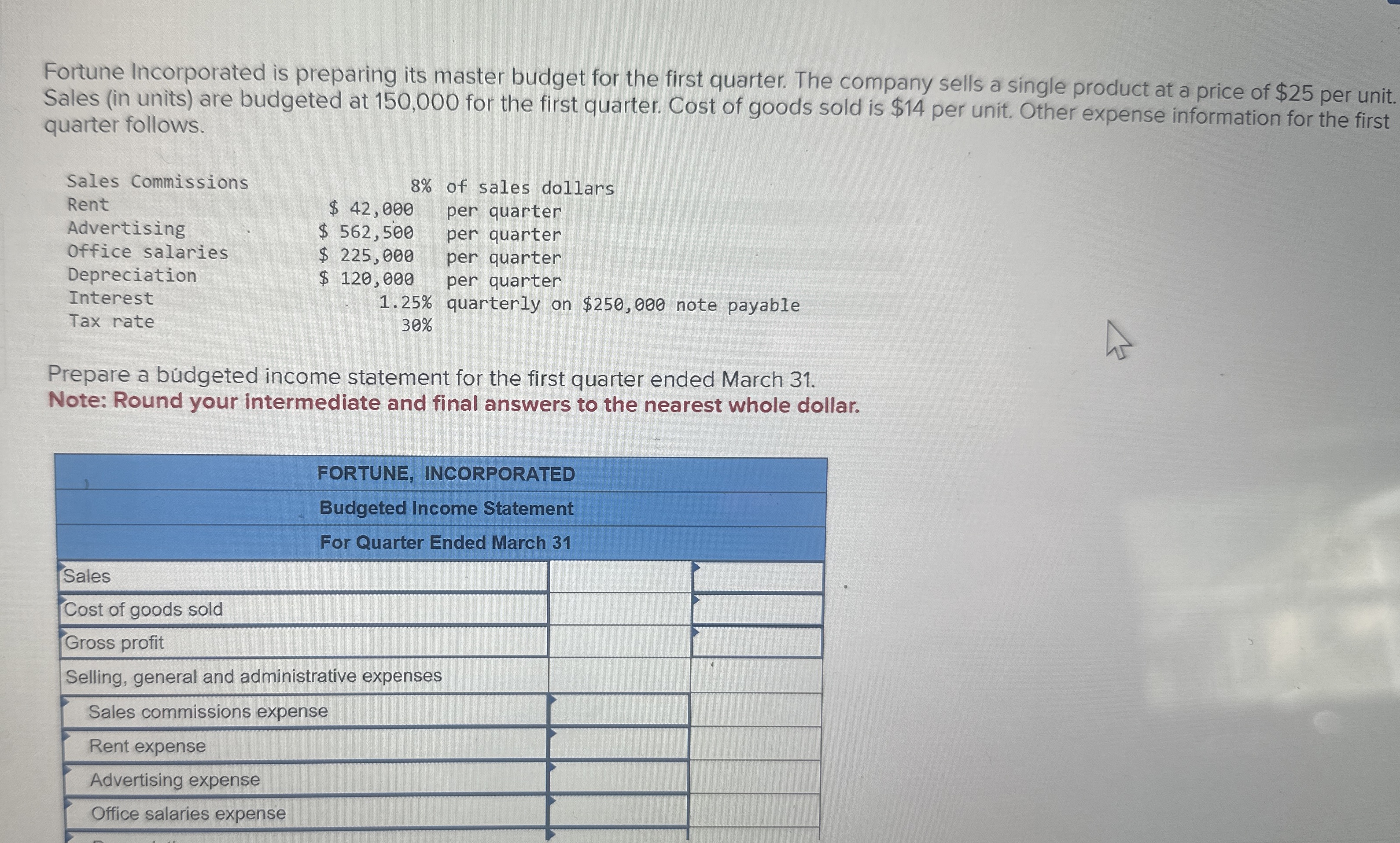  Fortune Incorporated is preparing its master budget for the first quarter.