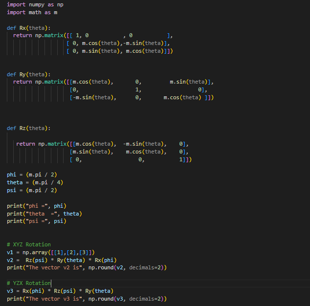 Trying to perform following Rotation Matrices implementation on Python; need help confirming