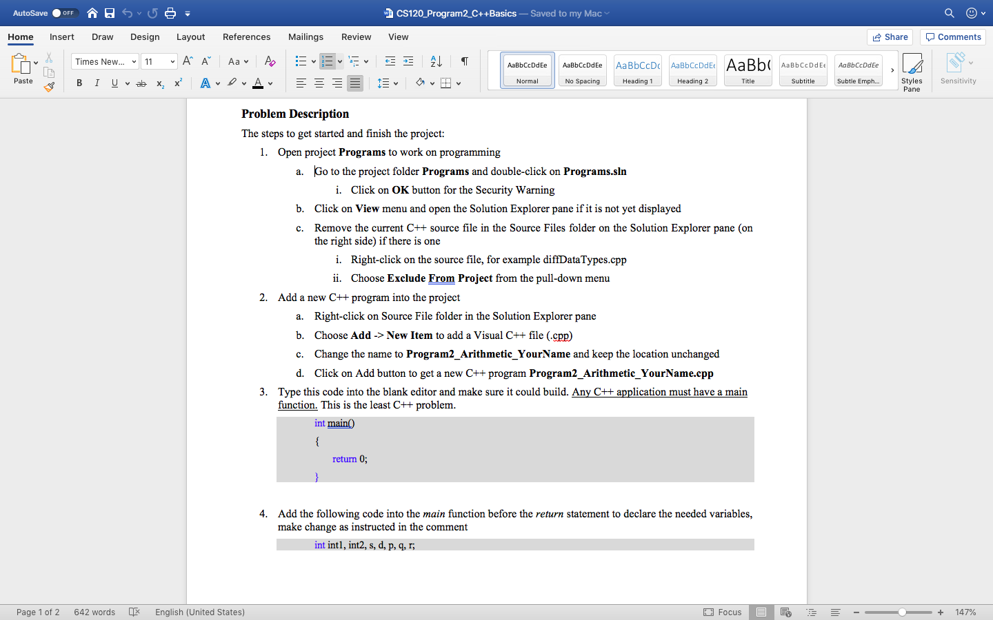  AutoSave OFF A sro - W. CS120_Program2_C++Basics - Saved to my