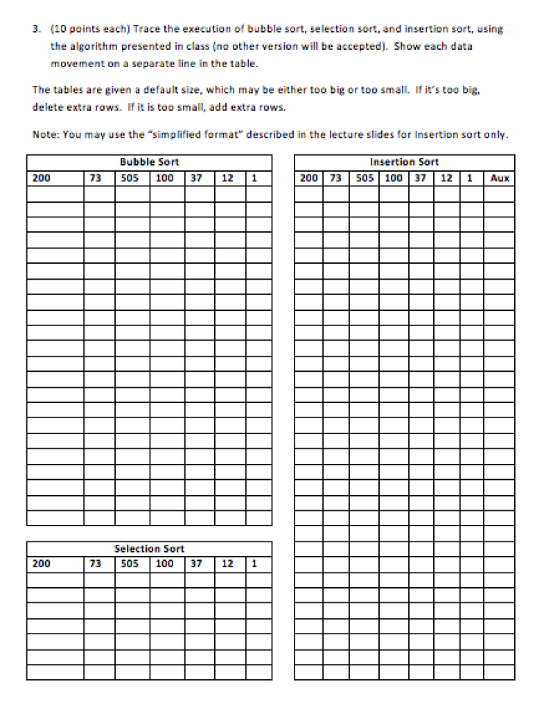 (10 paints each) Trace the execution of bubble sort, selection sort,