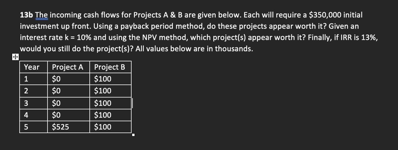 13b The incoming cash flows for Projects A&B are given below.