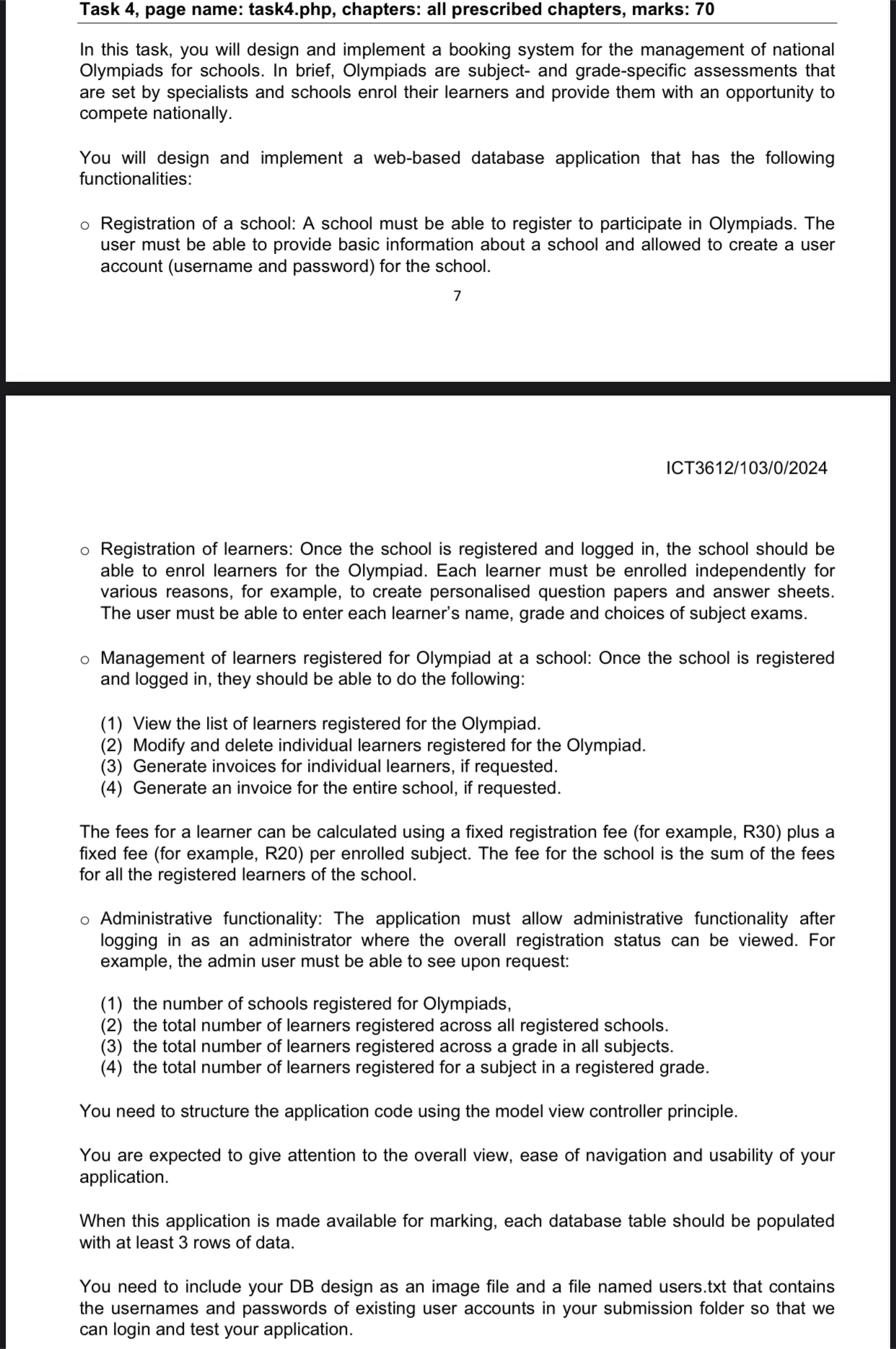  Task 4, page name: task4.php, chapters: all prescribed chapters, marks: 70