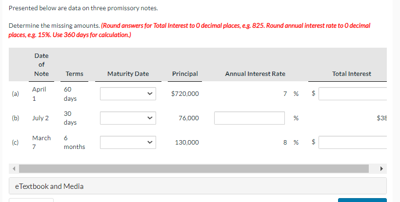  Presented below are data on three promissory notes. Determine the missing