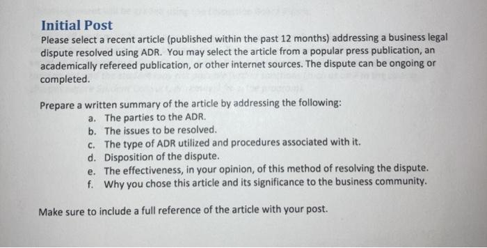  Initial Post Please select a recent article (published within the past