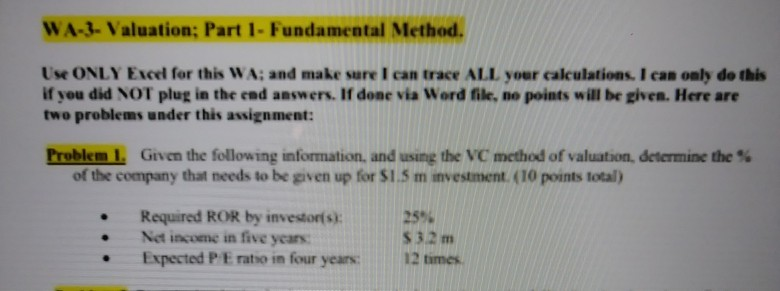 WA-3- Valuation; Part 1 - Fundamental Method. Use ONLY Excd for