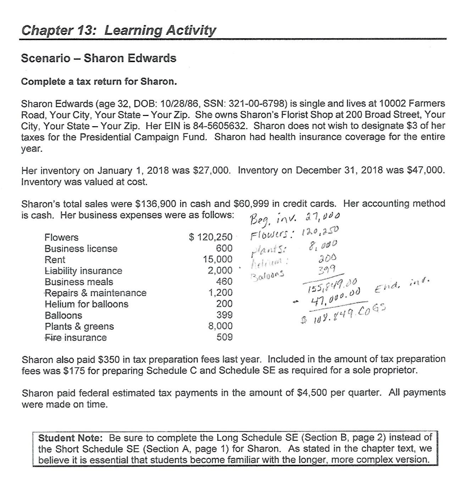 Chapter 13: Learning Activity Scenario -Sharon Edwards Complete a tax return