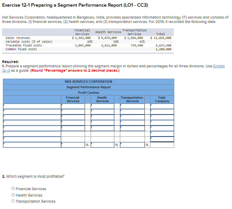 Exercise 12-1 Preparing a Segment Performance Report (L01 - CC3) Indi