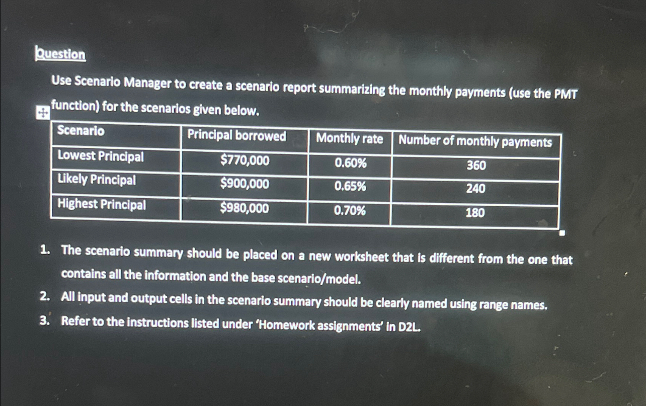  Ruestion Use Scenario Manager to create a scenario report summarizing the