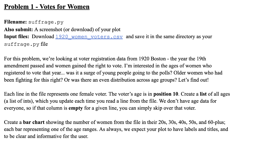 Problem 1 - Votes for Women (Please using Python to solve the