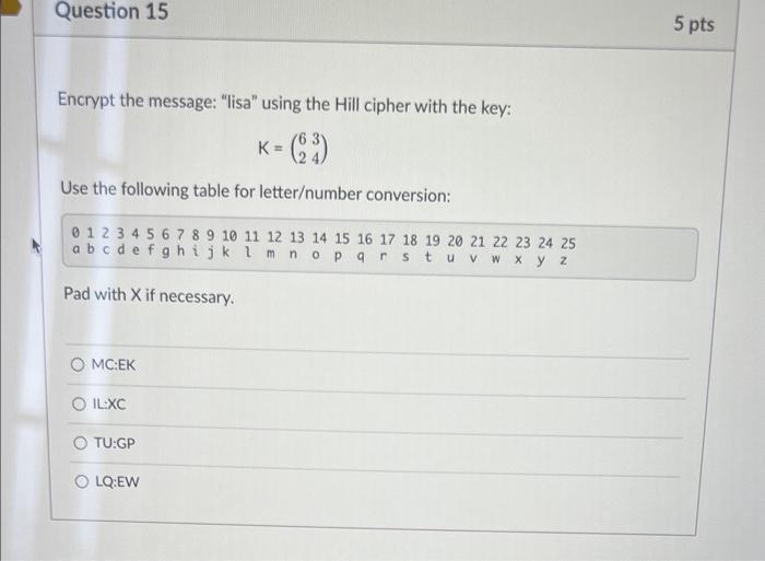  Encrypt the message: "lisa" using the Hill cipher with the key: