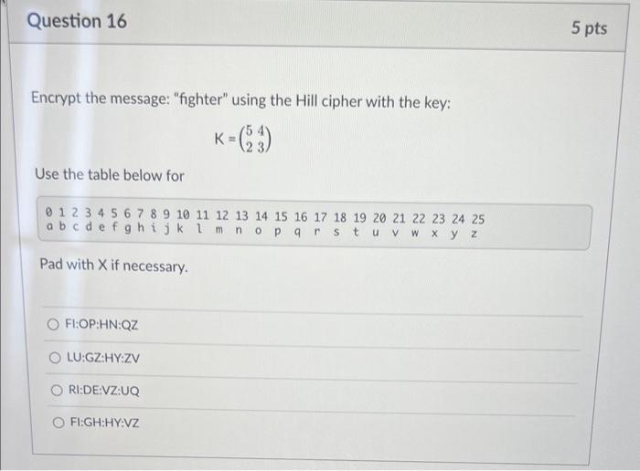 K=(6234) Use the following table for letterumber conversion: 0123456791011121314151718192022232425abcdefghijklmnoparstuvwxyz Pad with X