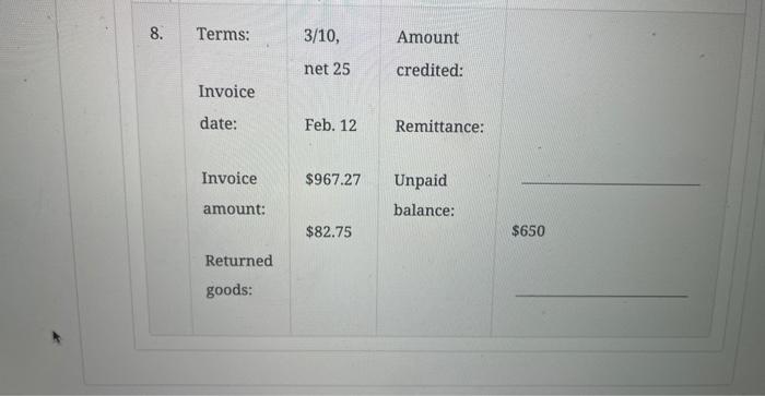 period. Solve for the items indicated. \begin{tabular}{|lll} \hline 8. Terms: & 3/10,