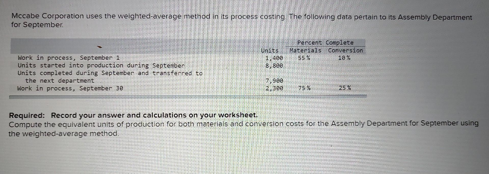 please provide the answers. Mccabe Corporation uses the weighted-average method in