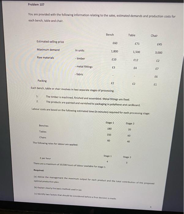 chair Bench Table Chair E71 Estimated selling price Maximum demand in units