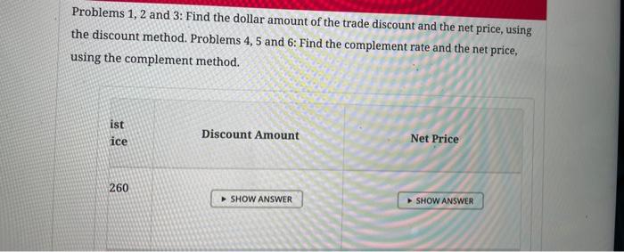 dollar amount of the trade discount and the net price, using the