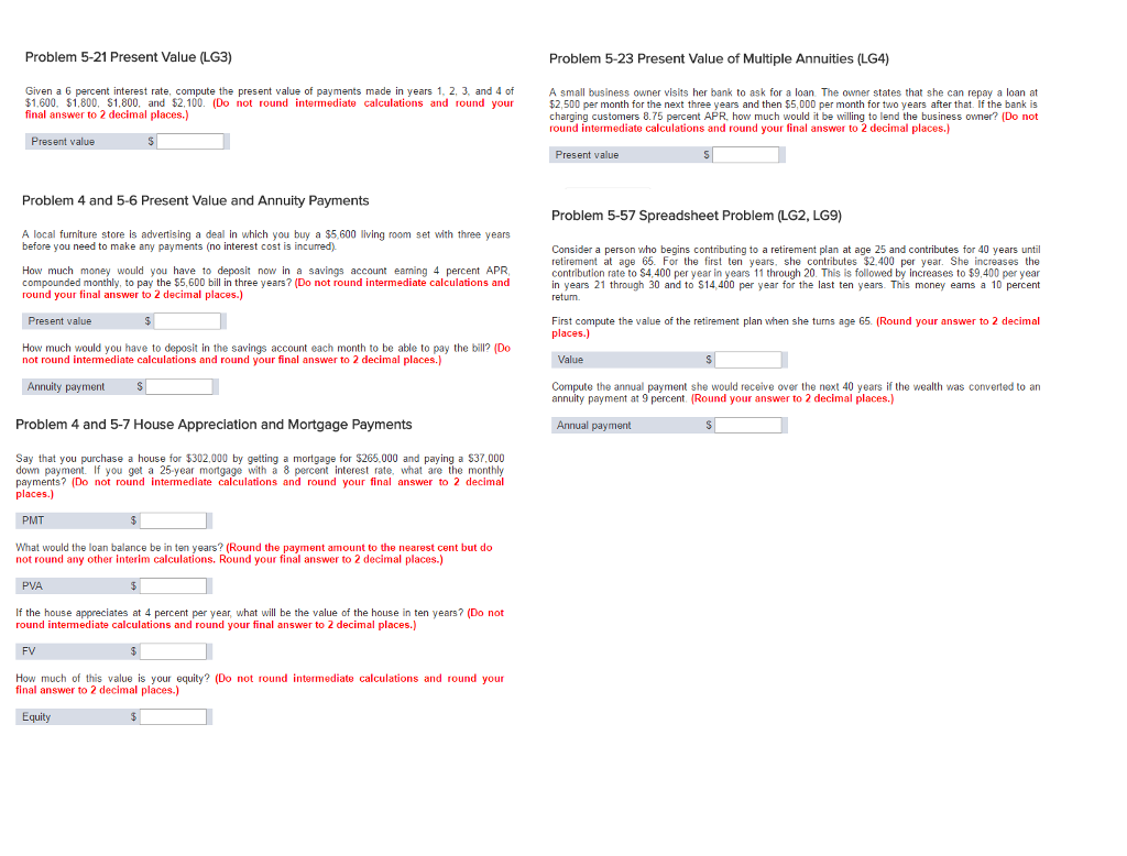 Given a 6 percent interest rate, compute the present value of
