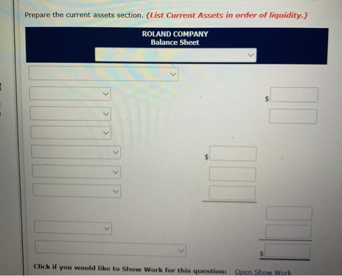 items for Roland Company's balance sheet at December 31, 2020. Accounts receivable