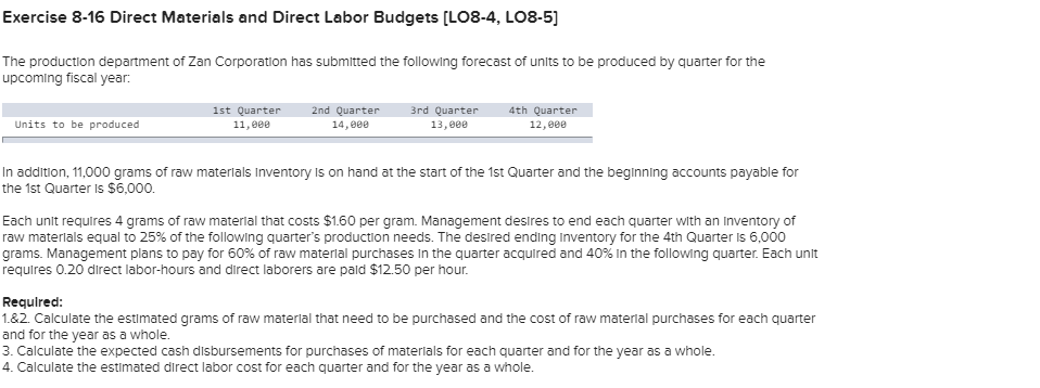  Exercise 8-16 Direct Materials and Direct Labor Budgets (LO8-4, LO8-5) The