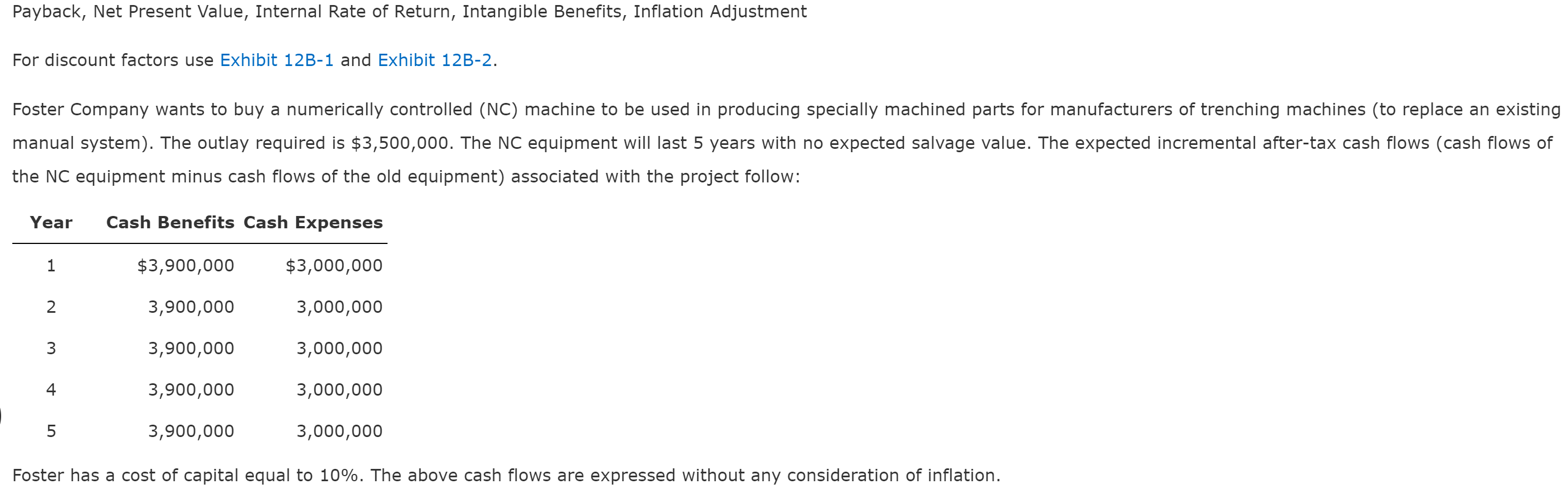 Payback, Net Present Value, Internal Rate of Return, Intangible Benefits, Inflation